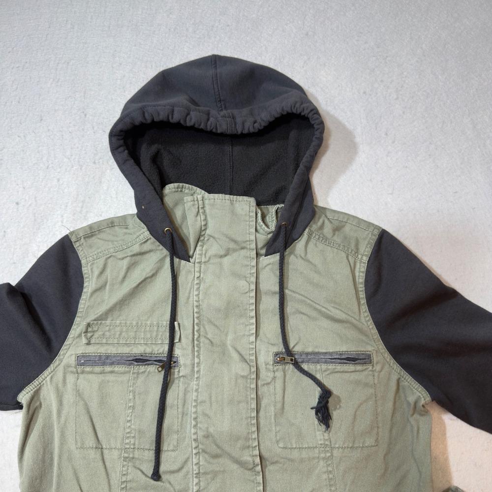 LA Hearts Womens Utility Jacket Olive Green Charcoal Grey Hooded Mixed Media L